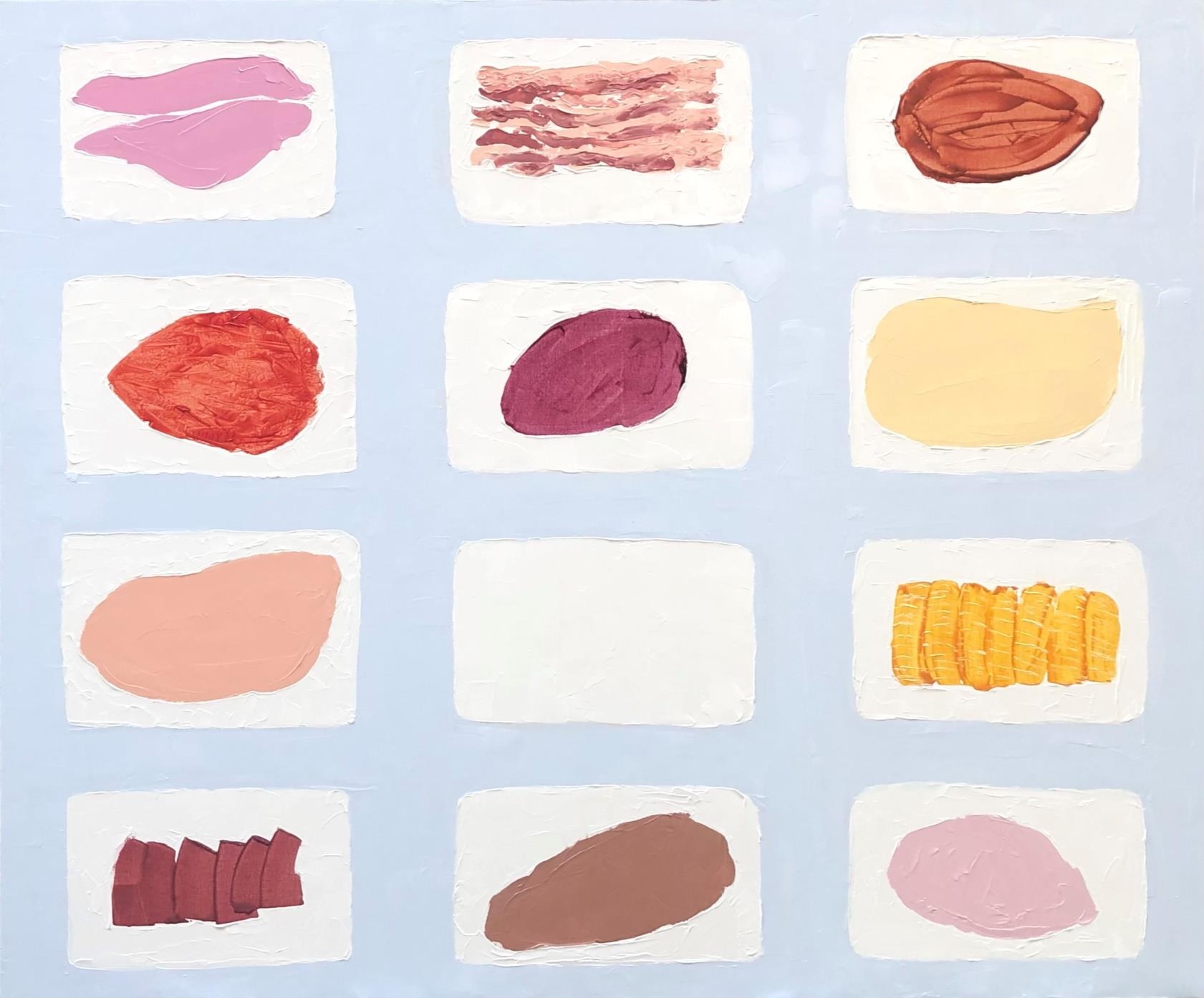 Carne Confezionata, griglia tagli su sfondo blu, olio su tela, 2022